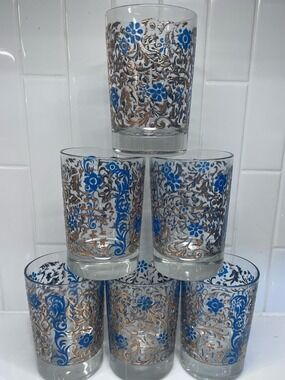 Vintage MCM Moroccan Kissan Glass Tea Cups Cobalt Blue & Gold Set Of 6